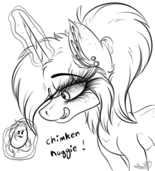 Size: 1680x1858 | Tagged: safe, artist:beamybutt, derpibooru import, oc, oc only, pony, bust, chicken meat, chicken nugget, ear fluff, ear piercing, ears, eating, female, food, glowing, glowing horn, horn, licking, licking lips, lineart, magic, mare, meat, piercing, ponies eating meat, smiling, telekinesis, tongue, tongue out