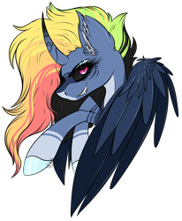 Size: 1776x2154 | Tagged: safe, artist:beamybutt, derpibooru import, oc, oc only, alicorn, pony, alicorn oc, bust, curved horn, ear fluff, ears, evil grin, eyelashes, female, grin, horn, mare, offspring, parent:king sombra, parent:rainbow dash, parents:sombradash, simple background, smiling, transparent background, wings