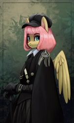 Size: 2372x3926 | Tagged: safe, artist:mrscroup, derpibooru import, fluttershy, anthro, pegasus, alternate hairstyle, badass, cane, cape, clothes, female, flutterbadass, gloves, hat, looking at you, mare, military uniform, uniform