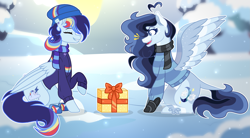 Size: 3635x2009 | Tagged: safe, artist:brush-prism, artist:xxcheerupxxx, derpibooru import, oc, oc only, oc:cloud speed, oc:silent heaven, pegasus, pony, clothes, female, mare, present, scarf, snow, sweater