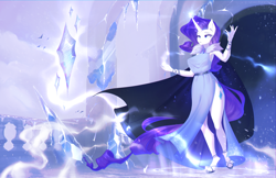 Size: 5940x3854 | Tagged: safe, artist:vincher, derpibooru import, rarity, anthro, unguligrade anthro, unicorn, cape, clothes, dress, female, magic, mare, sandals, side slit, solo, total sideslit