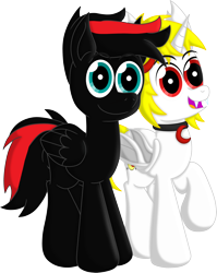 Size: 5188x6516 | Tagged: safe, artist:agkandphotomaker2000, derpibooru import, oc, oc only, oc:arnold the pony, oc:lucia nightblood, bat pony, pegasus, pony, 2022 community collab, absurd resolution, arncia, bat pony oc, derpibooru community collaboration, duo, fangs, jewelry, looking at you, mane clip, necklace, oc x oc, open mouth, open smile, pegasus oc, raised hoof, raised leg, red and black mane, red and black oc, shipping, simple background, smiling, smiling at you, transparent background