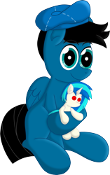 Size: 4060x6472 | Tagged: safe, artist:agkandphotomaker2000, derpibooru import, dj pon-3, vinyl scratch, oc, oc:pony video maker, pegasus, pony, 2022 community collab, absurd resolution, derpibooru community collaboration, director's hat, eyebrows, eyebrows visible through hair, looking at you, male, pegasus oc, plushie, simple background, sitting, smiling, smiling at you, transparent background