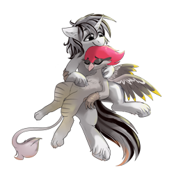 Size: 6200x6200 | Tagged: safe, artist:fiyawerks, derpibooru import, oc, oc:chel silktail, oc:yiazmat, griffon, unicorn, couple, cuddling, female, griffon oc, horn, husband and wife, male, married couple, simple background, transparent background, unicorn oc, wings