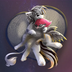 Size: 6200x6200 | Tagged: safe, artist:fiyawerks, derpibooru import, oc, oc:chel silktail, oc:yiazmat, griffon, unicorn, couple, cuddling, female, griffon oc, horn, husband and wife, male, married couple, unicorn oc, wings