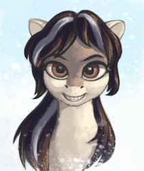 Size: 698x827 | Tagged: safe, artist:escdev, derpibooru import, oc, oc only, oc:cold shoulder, earth pony, bust, female, mare, portrait, smiling, snow, snowfall, snowpony (species), solo, taiga pony, yakutian horse