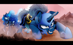 Size: 4000x2480 | Tagged: safe, artist:dormin-dim, derpibooru import, princess luna, oc, oc:slashing prices, alicorn, pony, unicorn, armor, armor skirt, breastplate, commission, crown, cutie mark, defending, duo, ethereal mane, ethereal tail, female, helmet, high res, hoof shoes, horn, jewelry, male, mare, outdoors, plate armor, regalia, royal guard, royal guard armor, saddle, scowl, skirt, stallion, tack, tail, tail wrap, unicorn oc, wings, ych result