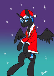 Size: 2480x3508 | Tagged: safe, artist:hrabiadeblacksky, derpibooru import, oc, oc only, oc:hrabia de black sky, alicorn, unicorn, clothes, coat, hat with a pom-pom, holiday, photo, pom pom, red coat, solo, wings