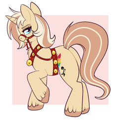 Size: 866x848 | Tagged: safe, artist:lulubell, derpibooru import, oc, oc only, oc:lulubell, pony, unicorn, female, harness, horn, jingle bells, looking at you, mare, raised hoof, raised leg, side view, smiling, smiling at you, solo, tack, unicorn oc