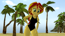 Size: 1920x1080 | Tagged: safe, artist:mr.uberrebu25, derpibooru import, sunset shimmer, equestria girls, 3d, beach, beach babe, black swimsuit, breasts, clothes, hand on hip, leotard, one-piece swimsuit, palm tree, solo, sunset jiggler, swimsuit, tree