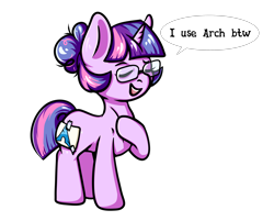 Size: 3744x3010 | Tagged: safe, artist:coco-drillo, derpibooru import, sci-twi, twilight sparkle, pony, unicorn, equestria girls, arch linux, equestria girls ponified, eyes closed, fake cutie mark, glasses, hoof on chest, linux, meme, messy bun, messy mane, nerd, open mouth, open smile, ponified, proud, simple background, smiling, smug, smuglight sparkle, solo, standing, text, transparent background, unicorn sci-twi