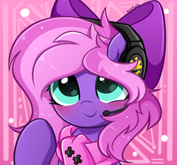 Size: 4696x4352 | Tagged: safe, artist:kittyrosie, derpibooru import, oc, oc only, oc:lillybit, earth pony, pony, adorkable, blushing, bow, clothes, cute, dork, female, gaming headset, hair bow, headphones, headset, mare, microphone, ribbon, scarf, smiling