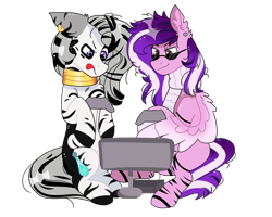 Size: 1000x800 | Tagged: safe, artist:valkiria, derpibooru import, oc, oc only, oc:rain sunburst, oc:zilko spices, pegasus, pony, zebra, 2022 community collab, clothes, coat markings, console, controller, derpibooru community collaboration, duo, ear piercing, earring, female, gaming, jewelry, male, mare, monitor, neck rings, piercing, scarf, simple background, sitting, sunglasses, tongue, tongue out, transparent background, video game, wing hands, wings, zebra oc