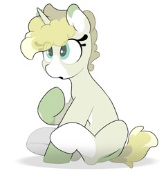 Size: 1400x1457 | Tagged: safe, alternate version, artist:mochi_nation, derpibooru import, oc, oc only, oc:flannel tea, pony, unicorn, coat markings, eye clipping through hair, female, mare, simple background, sitting, solo, white background