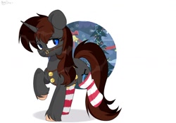 Size: 1280x889 | Tagged: safe, artist:shiny-dust, derpibooru import, oc, oc only, oc:twistae, pony, unicorn, bells, bridle, christmas, christmas tree, clothes, commission, female, freckles, holiday, simple background, smiling, socks, solo, striped socks, tack, tree, white background, your character here