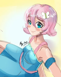 Size: 1600x2008 | Tagged: safe, artist:love2eategg, derpibooru import, fluttershy, butterfly, human, better together, equestria girls, alternate hairstyle, blushing, clothes, cute, cutie mark accessory, dress, female, humanized, looking at you, short hair, shyabetes, solo