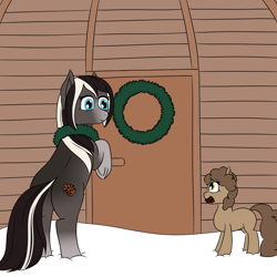 Size: 2000x2000 | Tagged: safe, artist:mariculture, oc, oc only, oc:pine ponder, pony, blaze (coat marking), coat markings, duo, female, filly, foal, mare, mouth hold, pinecone, rearing, snowpony (species), socks (coat marking), taiga pony, wreath