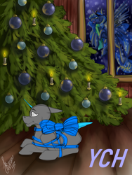 Size: 3000x4000 | Tagged: safe, artist:stirren, derpibooru import, princess luna, pony, bow, christmas, christmas tree, commission, holiday, looking at you, pine tree, present, tree, wrapped, your character here