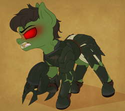 Size: 5232x4677 | Tagged: safe, artist:thehuskylord, derpibooru import, goblin pony, original species, pony, angry, armor, boots, commission, glowing, glowing eyes, helmet, male, pauldron, red eyes, red sclera, sabaton (armor), shoes, simple background, solo, stallion, tooth, tusk, underbite