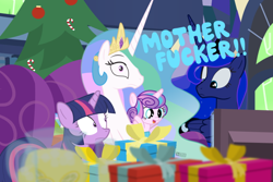 Size: 640x427 | Tagged: safe, artist:dm29, derpibooru import, princess celestia, princess flurry heart, princess luna, twilight sparkle, alicorn, pony, baby, baby pony, candy, candy cane, christmas, christmas tree, crown, die hard, ethereal mane, female, filly, first words, foal, food, holiday, jewelry, mare, present, regalia, shocked, starry mane, surprised, swearing, tree, vulgar, wide eyes