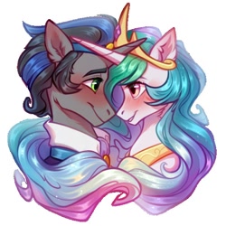 Size: 600x600 | Tagged: safe, artist:fenwaru, derpibooru import, king sombra, princess celestia, pony, unicorn, blushing, bust, celestibra, crown, ear fluff, ears, eye contact, female, good king sombra, horn, horns are touching, jewelry, looking at each other, looking at someone, male, mare, profile, regalia, shipping, sie view, simple background, smiling, smiling at each other, stallion, straight, white background