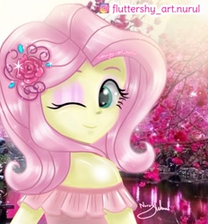 Size: 753x811 | Tagged: safe, artist:fluttershy_art.nurul, derpibooru import, fluttershy, human, equestria girls, beautiful, beautiful eyes, beautisexy, bust, clothes, cute, dress, eyelashes, eyeshadow, flower, hairpin, humanized, makeup, one eye closed, pink background, rose, simple background, solo, wink