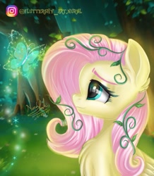 Size: 757x868 | Tagged: safe, artist:fluttershy_art.nurul, derpibooru import, fluttershy, butterfly, pegasus, pony, beautiful, beautiful eyes, chest fluff, cute, eyebrows, eyelashes, forest, forest background, illustration, leaf, plant, profile, semi-realistic, shine, shyabetes, solo, tree, vine