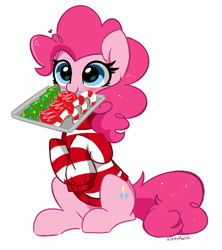 Size: 3501x3940 | Tagged: safe, artist:kittyrosie, derpibooru import, pinkie pie, earth pony, pony, blushing, christmas, christmas cookies, cookie, cute, diapinkes, female, food, heart, high res, holiday, mare, mouth hold, redraw, simple background, solo, white background