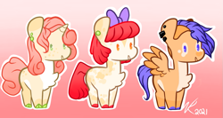 Size: 1153x613 | Tagged: safe, artist:sodafalls, derpibooru import, apple bloom, scootaloo, sweetie belle, earth pony, pegasus, pony, unicorn, alternate design, apple bloom's bow, bow, cutie mark crusaders, hair bow