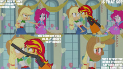 Size: 1280x720 | Tagged: safe, derpibooru import, edit, edited screencap, editor:quoterific, screencap, applejack, pinkie pie, sunset shimmer, equestria girls, equestria girls (movie), applejack's hat, balloon, belt, clothes, cowboy hat, cutie mark on clothes, denim skirt, female, hat, jacket, leather, leather jacket, open mouth, skirt