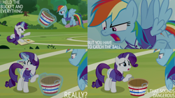 Size: 1280x720 | Tagged: safe, derpibooru import, edit, edited screencap, editor:quoterific, screencap, rainbow dash, rarity, pegasus, pony, unicorn, season 8, the end in friend, spoiler:s08, bucket, female, flying, magic, mare, open mouth, open smile, smiling, spread wings, telekinesis, wings