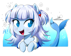 Size: 2250x1785 | Tagged: safe, artist:the-butch-x, derpibooru import, oc, oc only, original species, pony, shark, shark pony, a, blue background, blue eyes, bubble, fangs, fish tail, gawr gura, hololive, hololive eng, open mouth, open smile, ponified, sharp teeth, signature, simple background, smiling, tail, teeth, transparent background, underwater, vtuber, water