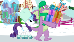 Size: 1280x720 | Tagged: safe, artist:mlplary6, derpibooru import, rarity, spike, dragon, pony, unicorn, christmas, female, holiday, male, present, shipping, sparity, straight, winged spike, wings