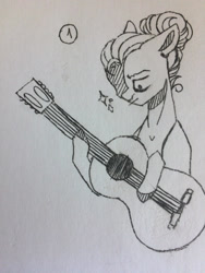 Size: 2121x2828 | Tagged: safe, artist:enifersuch, derpibooru import, oc, oc only, earth pony, pony, bust, earth pony oc, guitar, lineart, musical instrument, solo, traditional art