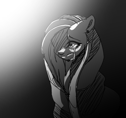 Size: 1606x1505 | Tagged: safe, artist:enifersuch, derpibooru import, fluttershy, pegasus, pony, bust, crying, female, gradient background, grayscale, hair over one eye, mare, monochrome, sad, solo