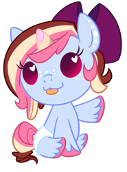 Size: 863x1169 | Tagged: safe, artist:khimi-chan, derpibooru import, oc, oc only, oc:polly, pony, unicorn, :p, baby, baby pony, bow, diaper, freckles, hair bow, heart eyes, horn, simple background, sitting, smiling, tongue, tongue out, transparent background, unicorn oc, unshorn fetlocks, wingding eyes