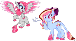 Size: 2559x1383 | Tagged: safe, artist:khimi-chan, derpibooru import, oc, oc only, oc:polly, dracony, dragon, hybrid, pony, background removed, bow, duo, female, hair bow, mare, raised hoof, raised leg, simple background, smiling, species swap, transparent background, wings