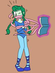 Size: 1370x1801 | Tagged: safe, artist:bugssonicx, derpibooru import, wallflower blush, equestria girls, bondage, book, braided pigtails, clothes, gag, leotard, one eye closed, tape, tape bondage