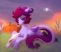 Size: 5000x4288 | Tagged: safe, artist:littmosa, derpibooru import, oc, pegasus, commission, eyebrows, halloween, holiday, horns, lavender, leonine tail, long tail, looking at you, lying down, male, pegasus oc, pumpkin, skull, solo, tail, ych result