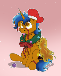 Size: 1784x2232 | Tagged: safe, artist:rokosmith26, derpibooru import, oc, oc only, oc:gooey, goo, goo pony, original species, pony, bow, cheek fluff, chest fluff, christmas, christmas stocking, christmas wreath, commission, ears, floppy ears, gradient background, holiday, horn, looking up, male, one ear down, raised hoof, raised leg, ribbon, simple background, sitting, smiling, solo, stallion, sweat, sweatdrop, tail, tongue, tongue out, transparent wings, wings, wreath, ych result