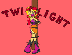 Size: 1343x1035 | Tagged: safe, artist:bugssonicx, derpibooru import, sunset shimmer, undead, vampire, equestria girls, bondage, chains, eyes closed, fangs, open mouth, pole tied, yelling