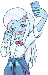 Size: 516x800 | Tagged: safe, artist:batipin, derpibooru import, trixie, equestria girls, breasts, clothes, cute, cute little fangs, fangs, one eye closed, open mouth, phone, school uniform, selfie, simple background, skirt, transparent background