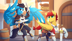 Size: 3840x2160 | Tagged: safe, artist:strafe blitz, derpibooru import, flash magnus, oc, oc:enduro elite, pegasus, pony, armor, barrel, sword, weapon