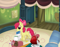 Size: 2199x1694 | Tagged: safe, artist:ariah101, derpibooru import, apple bloom, earth pony, pony, bag, bed, blank flank, female, filly, foal, mouth hold, pencil, saddle bag, solo