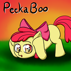 Size: 1000x1000 | Tagged: safe, artist:m_d_quill, derpibooru import, apple bloom, earth pony, pony, adorabloom, blank flank, cute, female, filly, foal, peekaboo, solo