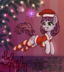 Size: 900x1013 | Tagged: safe, artist:eltaile, derpibooru import, pony, advertisement, christmas, christmas tree, clothes, commission, costume, hat, holiday, santa costume, santa hat, socks, solo, stockings, striped socks, thigh highs, tree, your character here