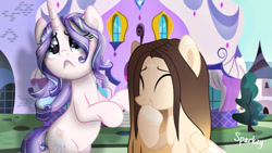 Size: 1280x724 | Tagged: safe, artist:cindydreamlight, artist:starsparkz201, derpibooru import, oc, oc only, oc:cindy, pegasus, pony, unicorn, the crystal empire, bipedal, duo, duo female, eyes closed, female, mare