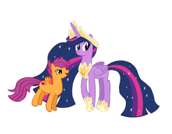 Size: 4096x3218 | Tagged: safe, artist:turnaboutart, derpibooru import, princess twilight 2.0, scootaloo, twilight sparkle, twilight sparkle (alicorn), alicorn, pegasus, the last problem, bipedal, blushing, female, flirting, lesbian, looking away, older, older twilight, scootatwi, shipping, simple background, tiptoe, transparent background