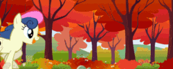 Size: 600x240 | Tagged: safe, derpibooru import, screencap, berry punch, berryshine, bon bon, carrot top, diamond mint, golden harvest, linky, shoeshine, sweetie drops, earth pony, pony, unicorn, fall weather friends, season 1, animated, autumn, background pony, forest, gif, leaves, running of the leaves, tree