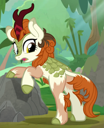 Size: 983x1202 | Tagged: safe, artist:anonymous, derpibooru import, autumn blaze, kirin, d:, eye color change, human to kirin, leaning, looking back, open mouth, show accurate, solo, transformation